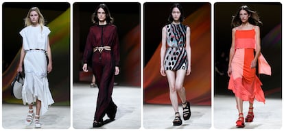 Cuatro de las propuestas de Hermès, en el desfile de su colección para la primavera/verano 2023 el 1 de octubre en la semana de la moda de París.