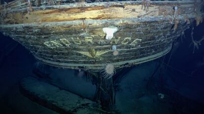 The stern of the 'Endurance,' at the bottom of the sea in the Antarctic.