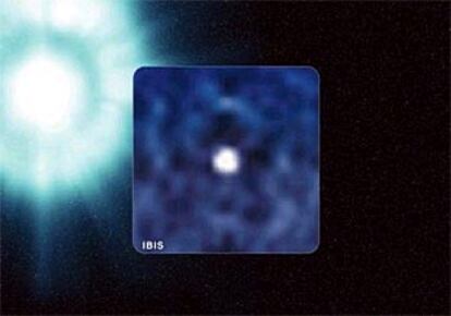 Imagen el destello de rayos gamma tomada con el telescopio 'Integral', sobre una visión artística del fenómeno.