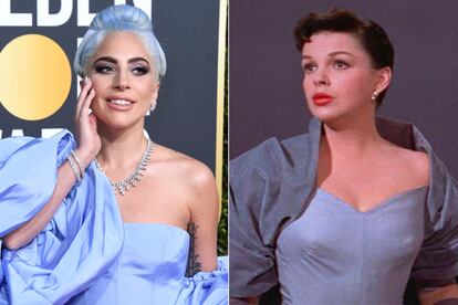 Lady Gaga en la alfombra roja de los Globos de Oro y Judy Garland en un momento de 'Ha nacido una estrella' (1954).