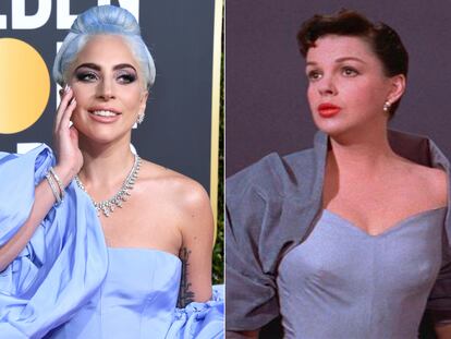 Lady Gaga en la alfombra roja de los Globos de Oro y Judy Garland en un momento de 'Ha nacido una estrella' (1954).