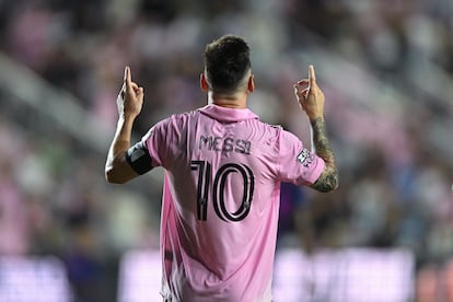 Inter Miami CF forward Lionel Messi (10) reacts after scoring a goal in the second half against Charlotte FC at DRV PNK Stadium.