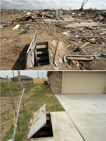 En la imagen de arriba se puede apreciar la puerta de un refugio subterráneo entre los escombros de una vivienda el 26 de mayo de 2013. Abajo, se aprecia el mismo refugio y la casa reconstruida, 7 de mayo de 2014.