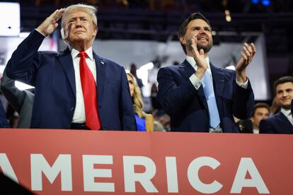 Donald Trump and J.D. Vance at the Republican National Convention at the Fiserv Forum on July 15, 2024 in Milwaukee, Wisconsin. 