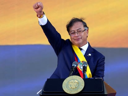 Petro, durante su discurso de investidura en la Plaza Bolívar de Bogotá.