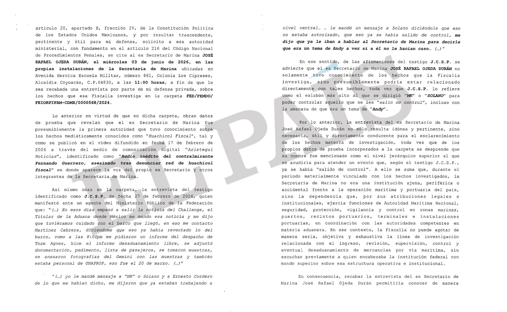 Oficio en el que se solicita la comparecencia de Rafael Ojeda Durán, exsecretario de Marina, por el caso del huachicol fiscal en las aduanas.