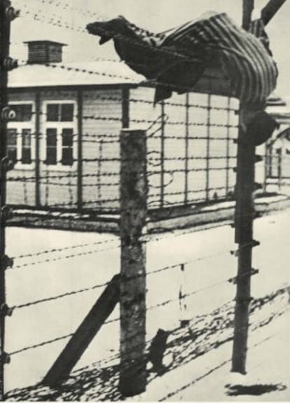 El cadàver d'un presoner de guerra rus sobre el recinte electrificat de Mauthausen.