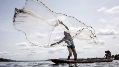 Un pescador lanza la red para pescar en el río Ubanguii, en la isla Longo.