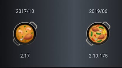 La primera y última versión del emoji de paella de WhatsApp para Android y PC. En IOS/MacOS aparece emoji diseñado por Apple.