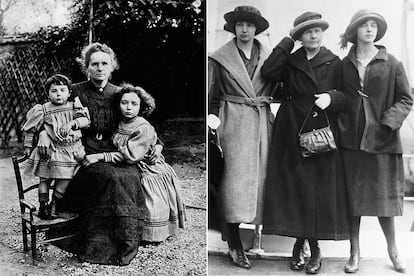 Ève, Marie e Irène Curie, retratadas en 1908 (izquierda) y en 1930 en un viaje a Estados Unidos en barco (Ève está a la derecha).