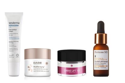 Diversos productos con DMAE. De izquierda a derecha: Hidraderm Hyal Contorno de ojos, de Sesderma (12,91 € en Mifarma); Crema Multiprotectora Lifting, de Babé (16,40 € en Mifarma); DMAE Lift, de Segle (31,40 € en Mifarma), y Essential FX Eyelid Lift Serum, de Perricone MD (80,95 € en Lookfantastic).