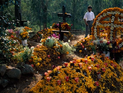 Un joven visita observa las tumbas decoradas con flores, frutas y velas para las celebraciones del Día de los Muertos, en el cementerio de Tzurumutaro, en Pátzcuaro, Estado de Michoacán.