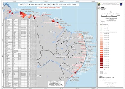 Mapa das praias contaminadas por óleo no litoral brasileiro.