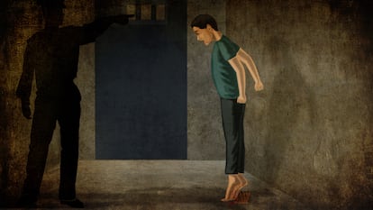 Ilustración de la tortura a la que fue sometido Hamza, que pasó su décimo quinto cumpleaños de puntillas, sobre unos clavos colocados bajo sus talones, en una prisión egipcia.