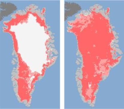 A la izquierda, Groenlandia el 8 de julio. A la derecha, cuatro d&iacute;as despu&eacute;s.