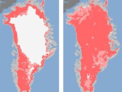 A la izquierda, Groenlandia el 8 de julio. A la derecha, cuatro d&iacute;as despu&eacute;s.