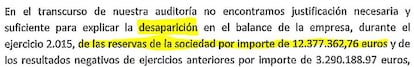 Un fragmento del informe de auditoría de las cuentas.