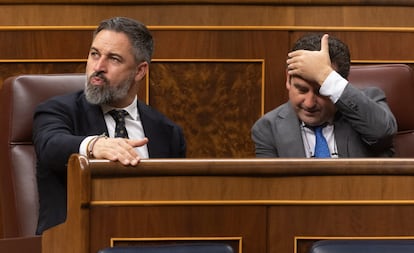 El líder de Vox, Santiago Abascal (izquierda), durante una sesión plenaria del Congreso de los Diputados, este jueves.