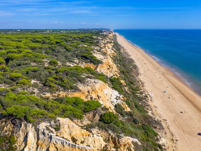 2PG1HTY Aerial view of Fontanilla beach Sandy and cliffs, Mazagon, Costa de la Luz, Huelva Province, Andalucia, Spain, Europe

Between the Donana Natural Park