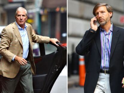 Vikram Pandit (Citigroup), Steve Black (JPMorgan Chase) y Peter Kraus (Merrill Lynch), a la salida ayer de la Fed tras horas de reuniones frustradas para salvar Lehman.