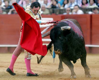 El diestro José María Manzanares, durante su faena con la muleta en La Maestranza de Sevilla, mayo 2005.