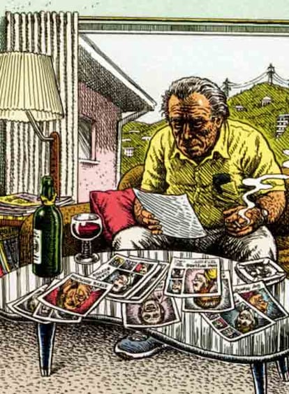 Charles Bukowski, en su casa de San Pedro (California), retratado por Robert Crumb para ilustrar el diario 'El capitán salió a comer y los marineros tomaron el barco' (Anagrama).