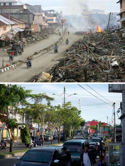 En la parte superior una calle de Meulaboh cubierta de restos arrastrados por el agua. En la parte inferior, en el mismo lugar, han desaparecido completamente los restos del desastre. Fotografías hechas el 9 de enero de 2005 por Philippe Desmazes y por Bay Ismoyo el 29 de noviembre de 2014.