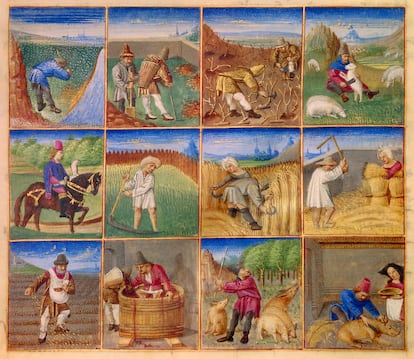Calendario del siglo XV con distintas   escenas de las labores del campo que se realizaban en un año.
