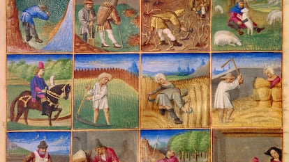 Calendario del siglo XV con distintas escenas de las labores del campo que se realizaban en un año.