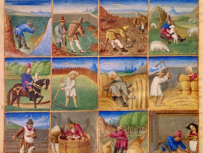Calendario del siglo XV con distintas   escenas de las labores del campo que se realizaban en un año.