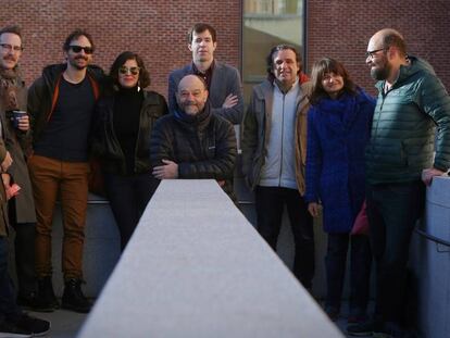 Presentación de Duólogos, en el Auditorio Conde Duque. De izquierda a derecha: Quequé, Daniel Broncano, Joaquín Reyes, Iñigo Rodríguez y Carlota Gaviño de Grumelot, Javier Cansado, Mario Mora, Jaime Vallaure, Poliana Lima e Ignatius Farray.