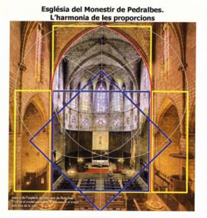 Interior de la iglesia del monasterio de Pedralbes, con las figuras geométricas que se utilizaron para crearla.