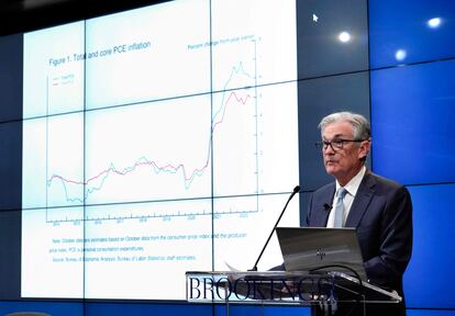 El presidente de la Reserva Federal, Jerome Powell, durante su intervención en la Brookings Institution, de Washington.