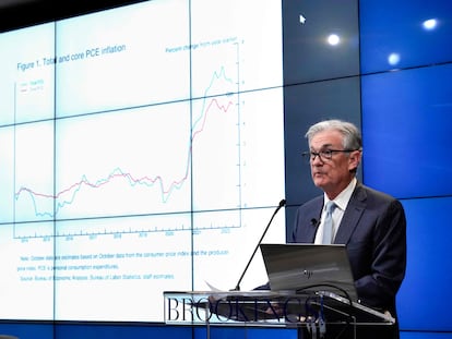 El presidente de la Reserva Federal, Jerome Powell, durante su intervención en la Brookings Institution, de Washington.