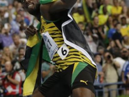 Bolt, tras vencer en los 100 metros de Mosc&uacute;. 