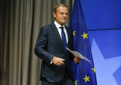 Donald Tusk, tras la reuni&oacute;n del Consejo Europeo en Bruselas del 29 de junio.