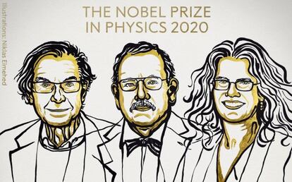 Da esquerda para a direita: Roger Penrose, Reinhard Genzel e Andrea Ghez, ganhadores do Nobel de Física deste ano.