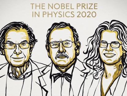 Roger Penrose, Reinhard Genzel y Andrea Ghez, ganadores del Nobel de Física de este año.