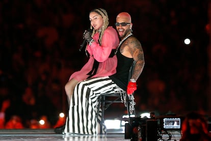 Colombian singer Maluma performs on stage along with pop icon Madonna during his concert "Medallo in the Map", in Medellin, Colombia, on April 30, 2022.