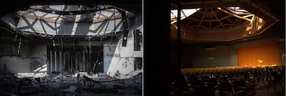 Mi santuario robado: "Este lugar es el Centro Cultural Rashad Al-Shawa, uno de los más importantes de Gaza y un sitio que está grabado con fuerza en mi memoria. La imagen de la izquierda es de noviembre de 2024 y la de la derecha de antes de ser bombardeado.
En ella se ve la sala principal, donde se celebraban recitales de poesía, obras de teatro y fiestas. A veces se convertía en cine, ya que en Gaza no hay
salas de cine. Era un lugar venerado por quienes amamos el arte.
Cuando entré por primera vez después del bombardeo, me dieron ganas de llorar. Me arrebataron algo que no tenían derecho a quitarme. Pero sé que, en el fondo, no pueden quitármelo, porque este lugar es parte
de mi identidad, una identidad firme, sin importar cuánto cambien las circunstancias".