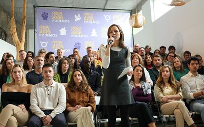 La secretaria general de Podemos, Ione Belarra, interviene en la presentación de su candidatura a la V Asamblea del partido.