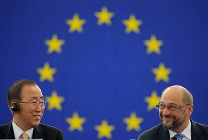 Ban Ki-moon y el presidente del Parlamento europeo, Martin Schulz.