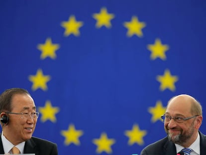 Ban Ki-moon y el presidente del Parlamento europeo, Martin Schulz.