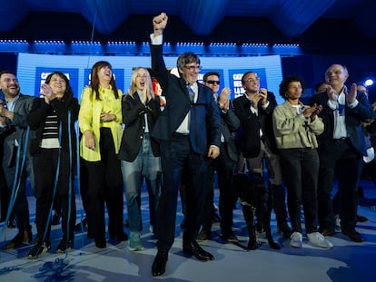 El expresidente catalán y candidato de JxCat, Carles Puigdemont, en el acto de inicio de campaña en Argelers (sur de Francia).
