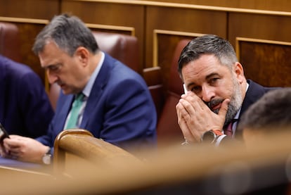 Santiago Abascal escucha por el teléfono en el Congreso de los Diputados.