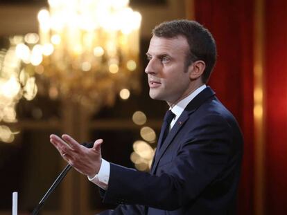 El presidente franc&eacute;s, Emmanuel Macron, en su discurso de A&ntilde;o Nuevo a los medios este mi&eacute;rcoles en Par&iacute;s. 