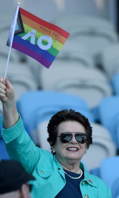 Billie Jean King waves an AO Pride flag