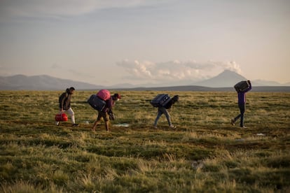 Migrants cross into Chile from the border with Bolivia, in Colchane.