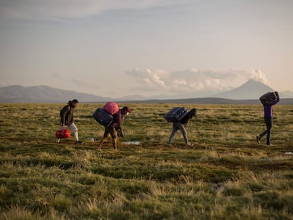 Migrants cross into Chile from the border with Bolivia, in Colchane.