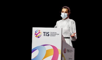 La reina Letizia, el pasado  miércoles, durante su discurso de inauguración de la Tourism Innovation Summit 2020, en Sevilla.